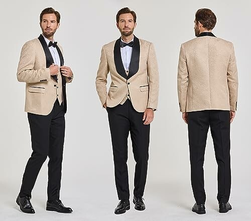 Three views of a man wearing a beige tuxedo jacket with black pants.