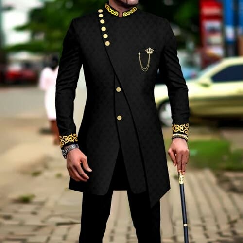 Man wearing black sherwani with golden embroidery and holding a cane