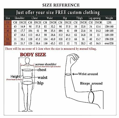 Size reference chart for custom clothing with body measurement guide.