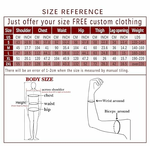 Size reference chart for custom clothing with body measurement guide.