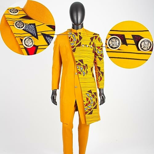 Mannequin wearing vibrant yellow African print suit with close-up of buttons.