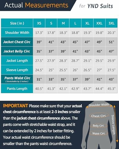 Size chart for YND suits with measurements for jacket and pants.